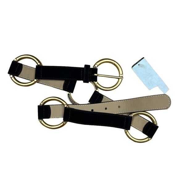 NWT St. John Black Suede Gold Circle Link Genuine Italian Leather Belt - Picture 1 of 6